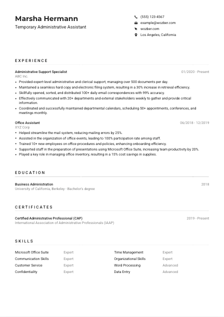 Temporary Administrative Assistant CV Example