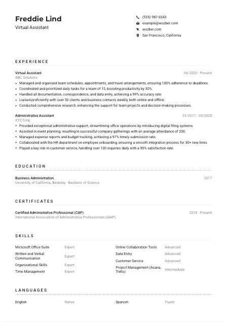 Virtual Assistant Resume Example