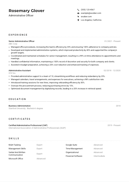 Administrative Officer Resume Example