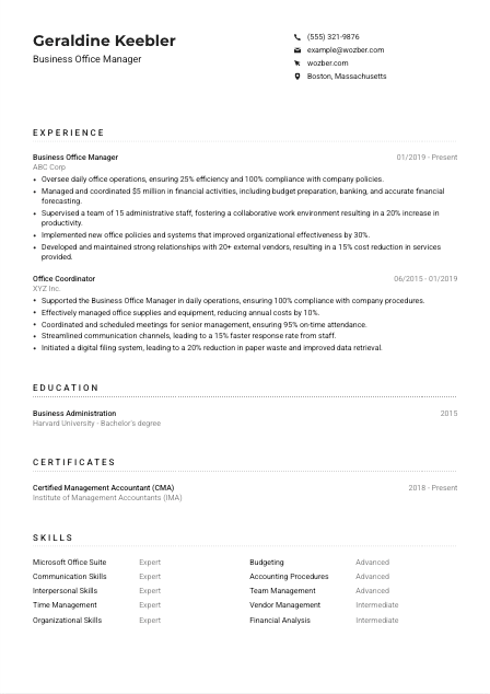 Business Office Manager CV Example