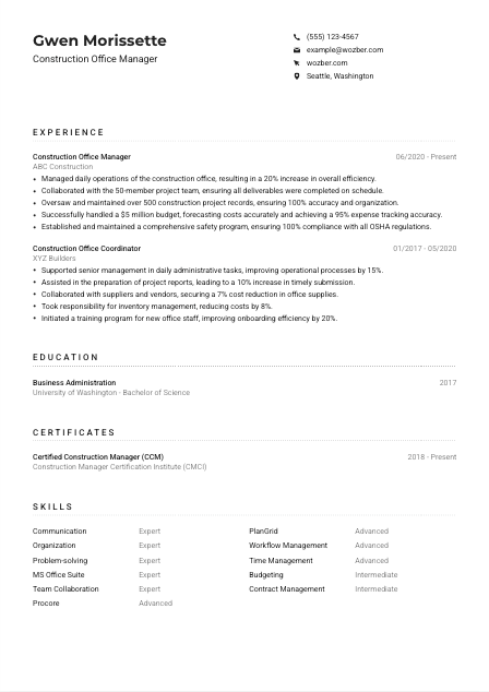 Construction Office Manager Resume Example