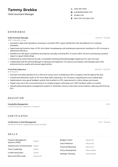Hotel Assistant Manager CV Example
