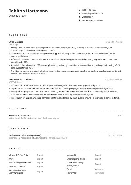 Office Manager CV Example