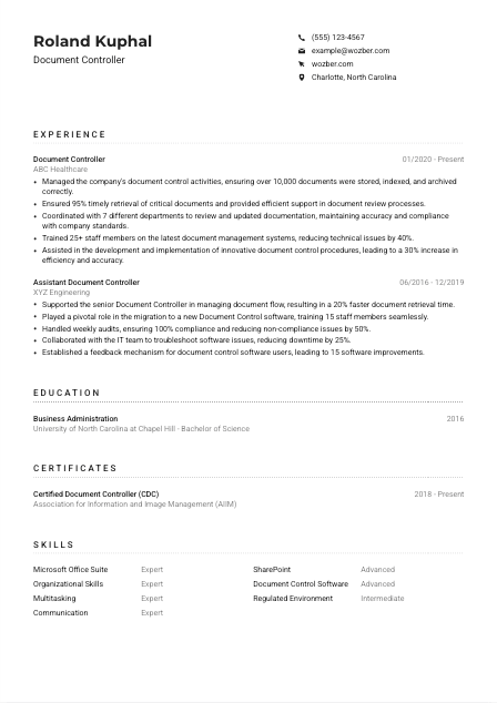 Document Controller Resume Example