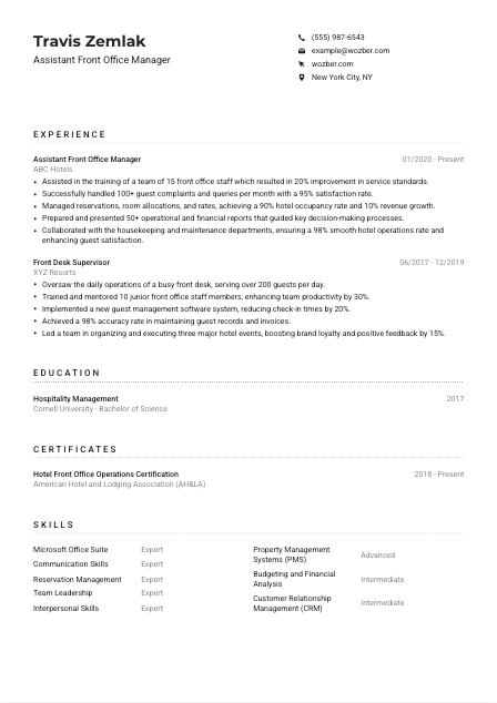 Assistant Front Office Manager CV Example