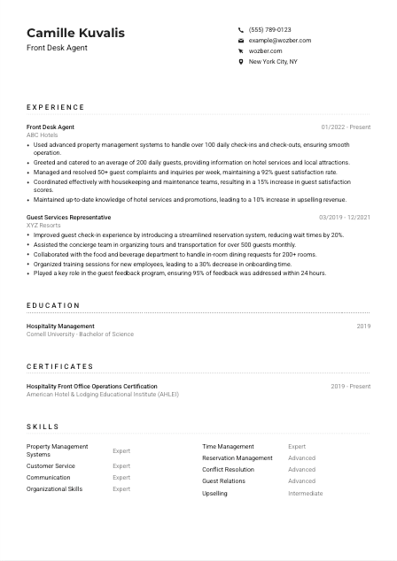 Front Desk Agent Resume Example