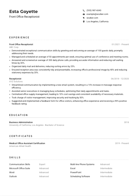 Front Office Receptionist Resume Example