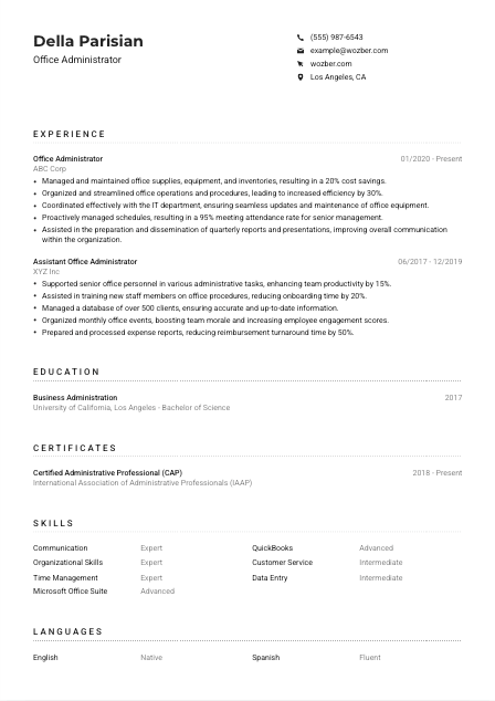 Office Administrator CV Example
