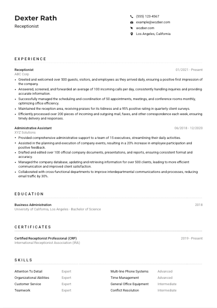 Receptionist CV Example