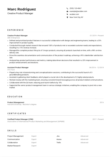 Creative Product Manager Resume Example