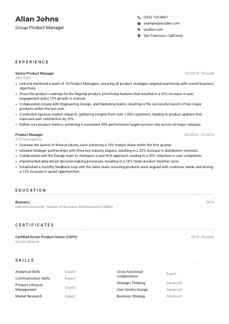 Group Product Manager Resume Example