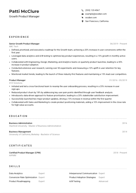 Growth Product Manager Resume Example