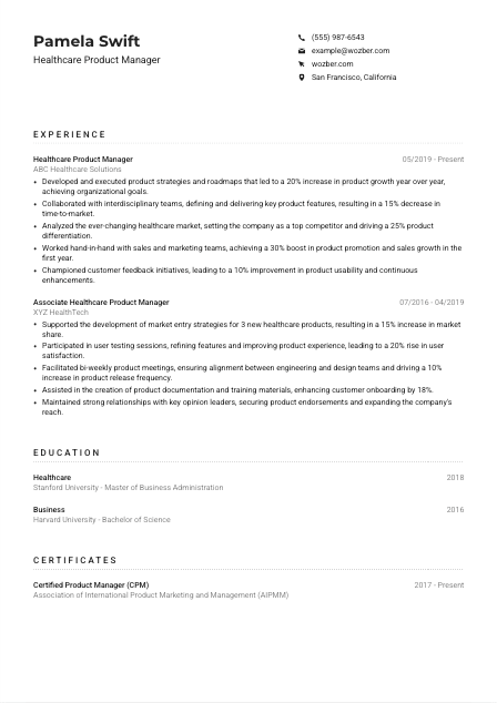 Healthcare Product Manager Resume Example