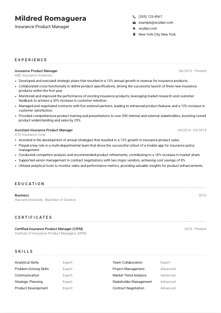 Insurance Product Manager CV Example