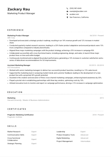 Marketing Product Manager CV Example