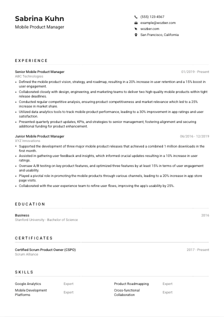Mobile Product Manager CV Example