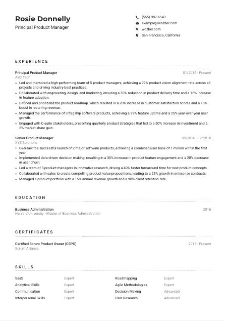 Principal Product Manager Resume Example