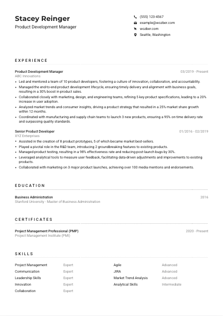 Product Development Manager CV Example