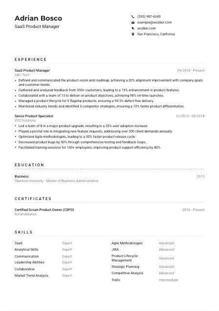 SaaS Product Manager CV Example