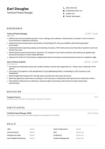 Technical Product Manager Resume Example