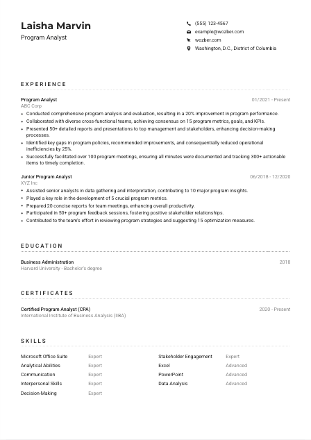 Program Analyst Resume Example