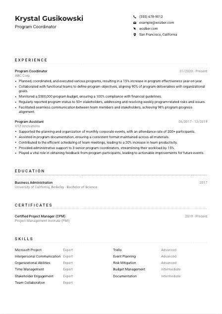 Program Coordinator Resume Example