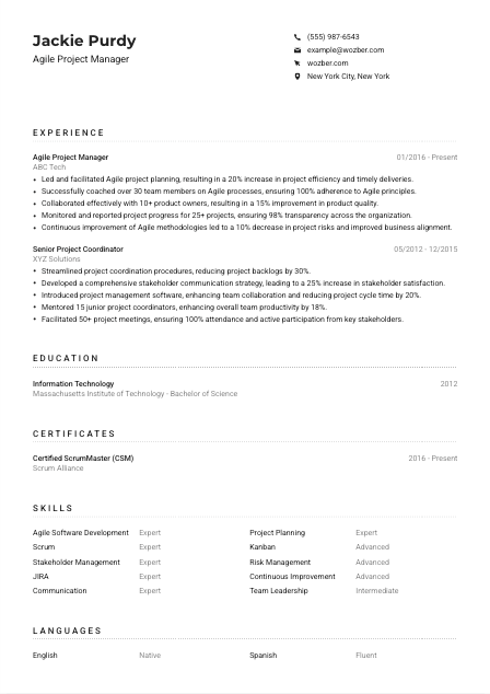 Agile Project Manager Resume Example