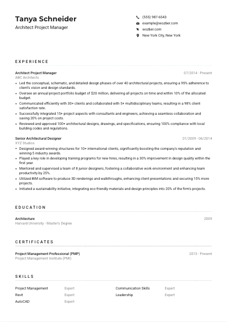Architect Project Manager CV Example