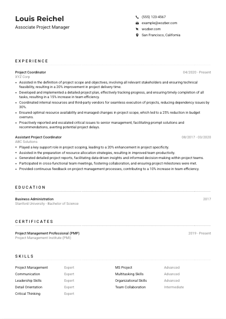 Associate Project Manager Resume Example
