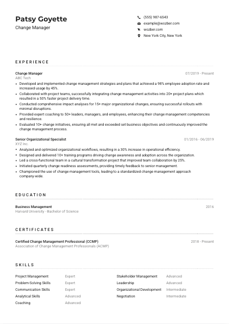 Change Manager CV Example