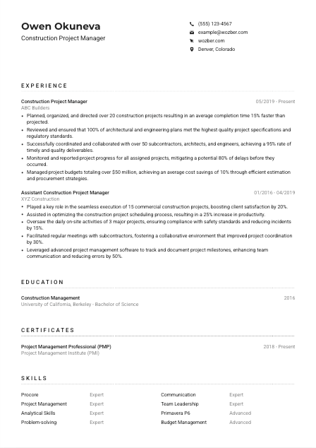 Construction Project Manager CV Example