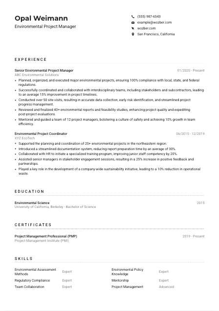 Environmental Project Manager CV Example