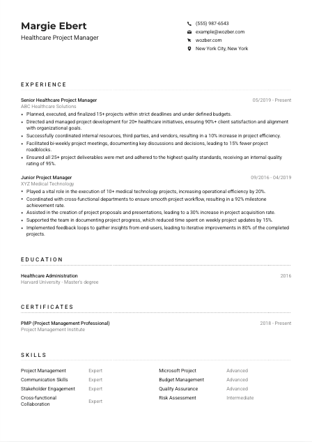 Healthcare Project Manager CV Example