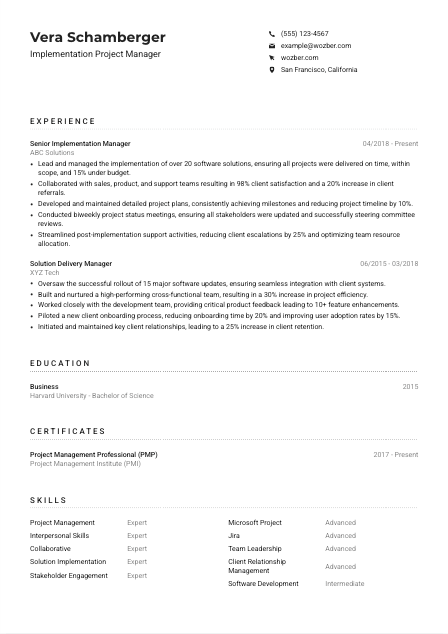 Implementation Project Manager CV Example