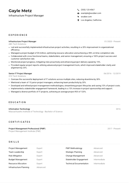 Infrastructure Project Manager CV Example