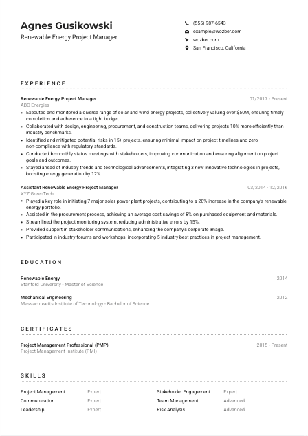 Renewable Energy Project Manager CV Example