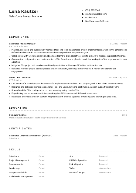 Salesforce Project Manager Resume Example