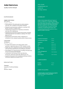 Quality Control Analyst Resume Template #2