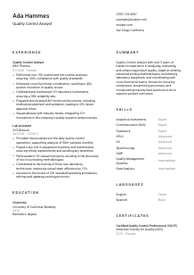 Quality Control Analyst Resume Template #1