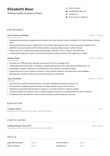 Software Quality Assurance Analyst Resume Example