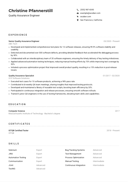 Quality Assurance Engineer Resume Example