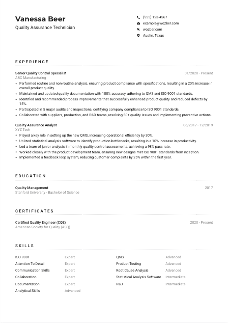 Quality Assurance Technician CV Example