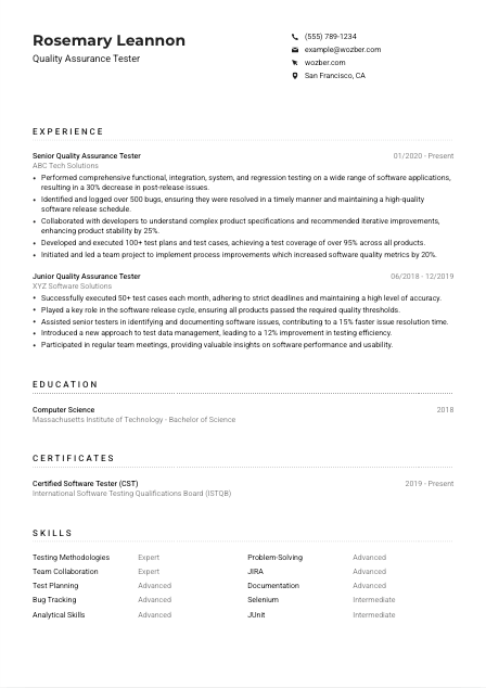 Quality Assurance Tester Resume Example