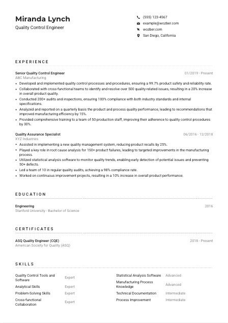 Quality Control Engineer Resume Example