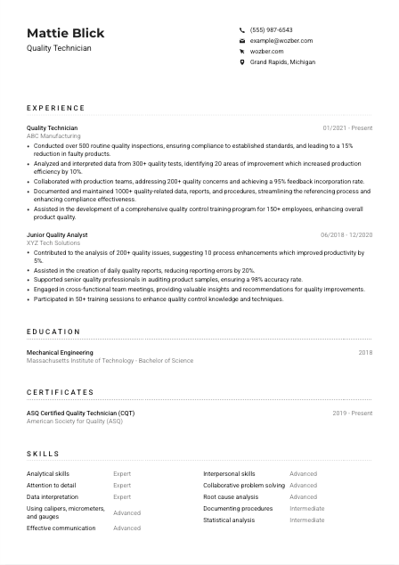 Quality Technician CV Example