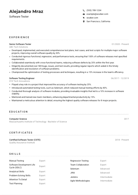 Software Tester CV Example