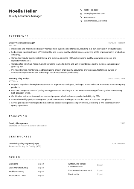 Quality Assurance Manager CV Example