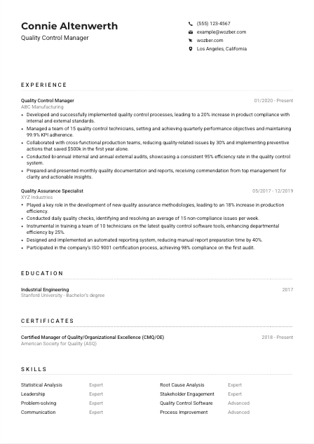 Quality Control Manager CV Example