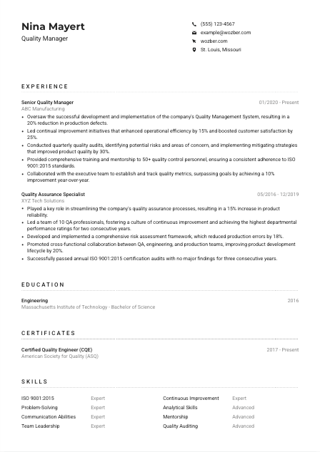 Quality Manager CV Example