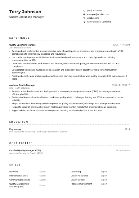 Quality Operations Manager CV Example